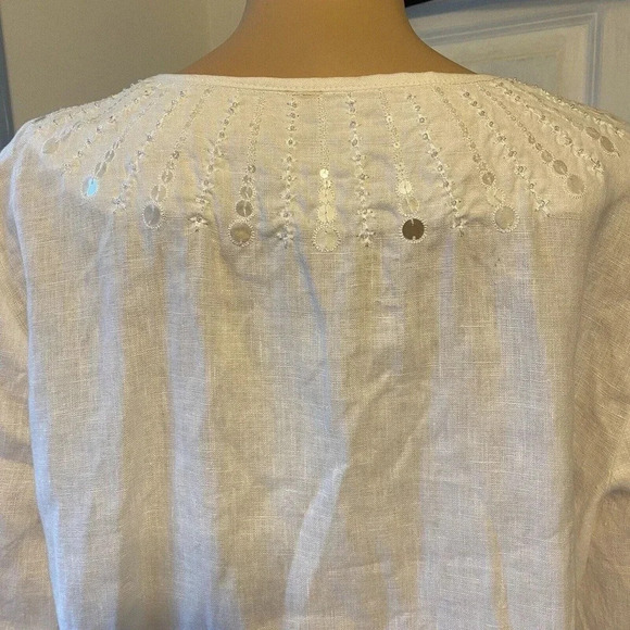 JM Collection Linen V Neck Top Blouse Sequin Artsy White Beads Embroidery Lady16 - Picture 7 of 10